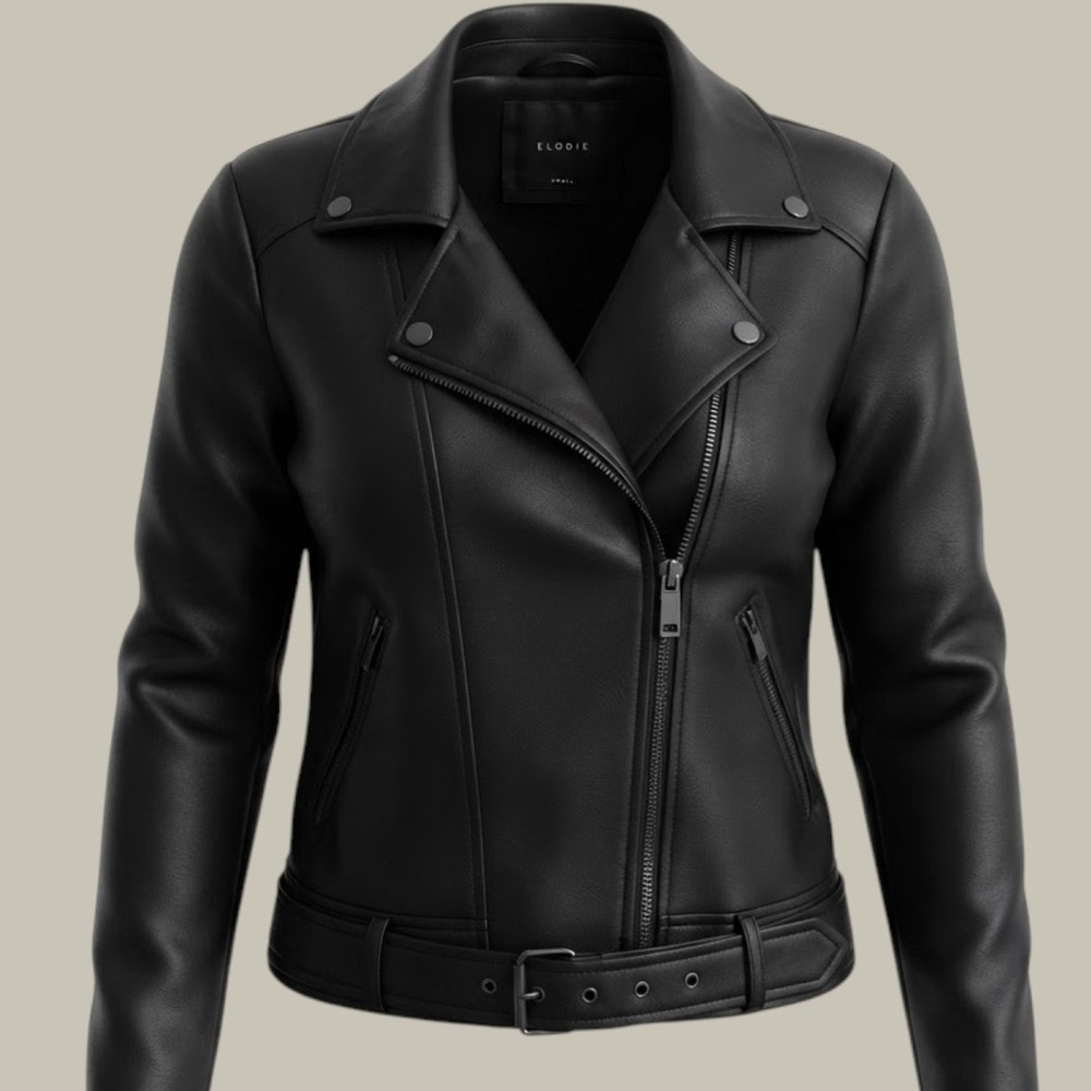 Elodie Black Faux Leather Moto Jacket Asymmetrical Zip Belted Small